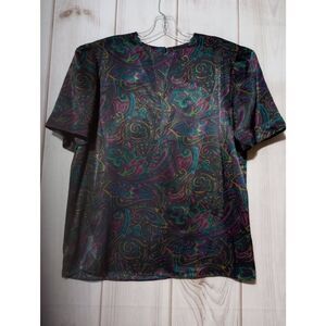 Stirling Cooper Vintage Paisley Blouse Purple Teal Gold Short Sleeve Top‎ Size 8